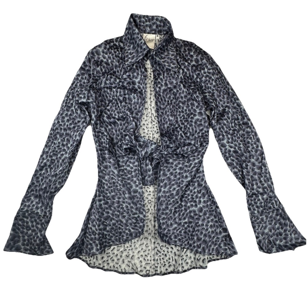 Finley Sylvia Cheetah Print Tie Front Shirt Flared Cuff Size M Grey Black Top